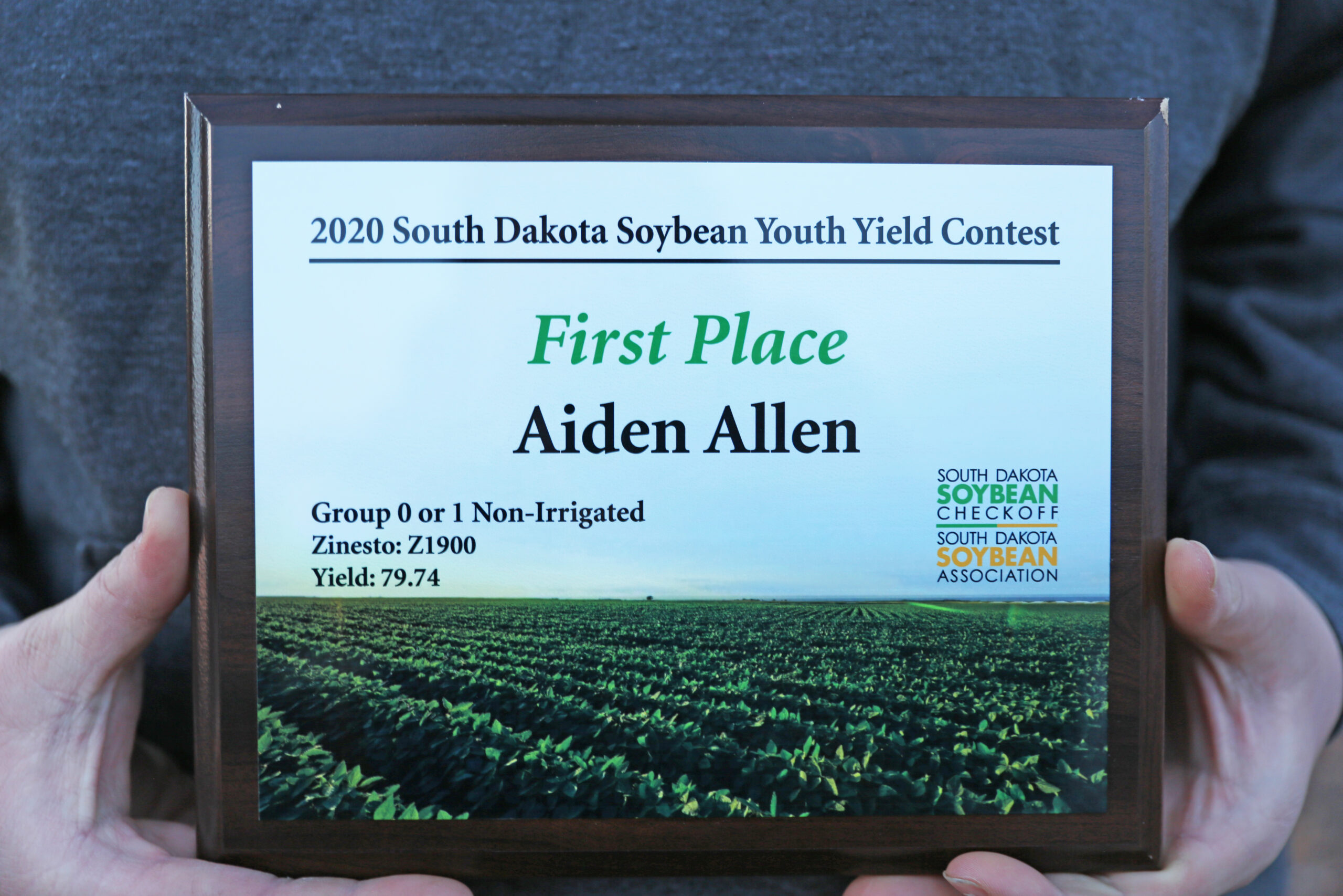 Aiden’s plaque for winning first place in the 2020 South Dakota Soybean Youth Yield Contest.